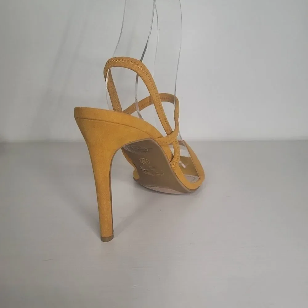 AnneMichelle mustard crisscross band open-toe pump